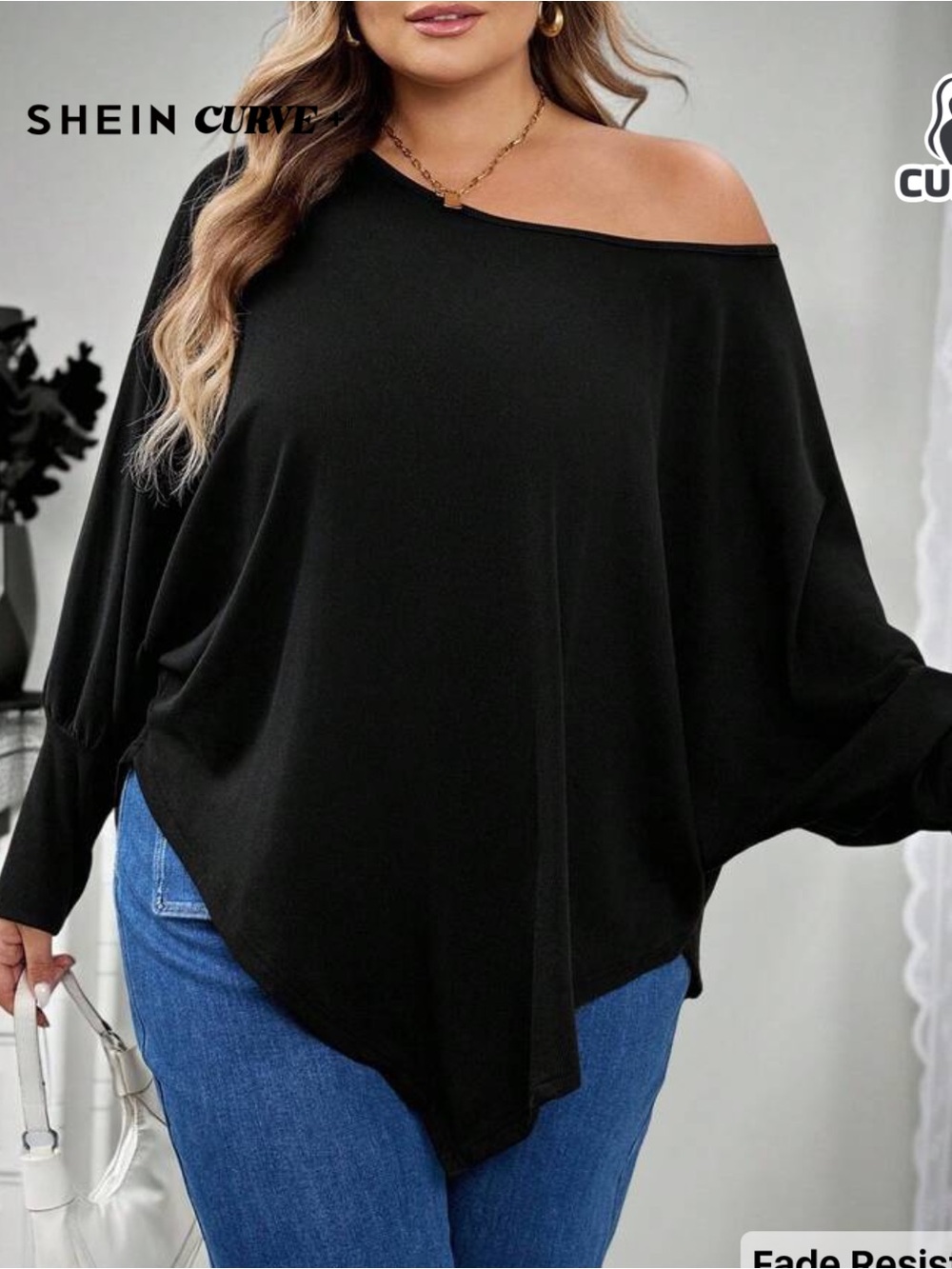 SHEIN Curve Plus Off-Shoulder Asymmetric Top in Black